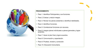 PROCEDIMIENTO
• Paso 1. Identificar Participantes y sus funciones.
• Paso 2. Evaluar y reducir riesgos.
• Paso 3. Revisar los planes existentes e identificar debilidades.
• Paso 4. Identificar funciones.
• Paso 5. Correlacionar funciones con recursos.
• Paso 6. Integrar planes individuales a planes generales y lograr
acuerdos.
• Paso 7. Hacer el plan final y lograr acuerdos.
• Paso 8. Comunicación y capacitación.
• Paso 9. Pruebas, revisión y corrección.
• Paso 10. Educación Comunitaria.
 