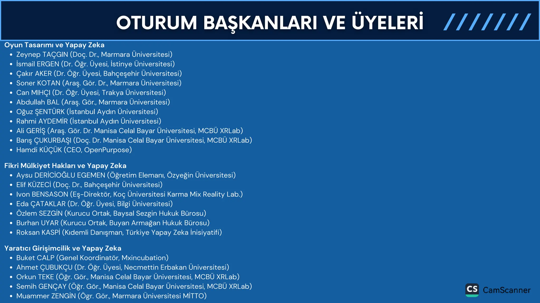 Oyun Tasarımı ve Yapay Zeka
Zeynep TAÇGIN (Doç. Dr., Marmara Üniversitesi)
İsmail ERGEN (Dr. Öğr. Üyesi, İstinye Üniversitesi)
Çakır AKER (Dr. Öğr. Üyesi, Bahçeşehir Üniversitesi)
Soner KOTAN (Araş. Gör. Dr., Marmara Üniversitesi)
Can MIHÇI (Dr. Öğr. Üyesi, Trakya Üniversitesi)
Abdullah BAL (Araş. Gör., Marmara Üniversitesi)
Oğuz ŞENTÜRK (İstanbul Aydın Üniversitesi)
Rahmi AYDEMİR (İstanbul Aydın Üniversitesi)
Ali GERİŞ (Araş. Gör. Dr. Manisa Celal Bayar Üniversitesi, MCBÜ XRLab)
Barış ÇUKURBAŞI (Doç. Dr. Manisa Celal Bayar Üniversitesi, MCBÜ XRLab)
Hamdi KÜÇÜK (CEO, OpenPurpose)
Fikri Mülkiyet Hakları ve Yapay Zeka
Aysu DERİCİOĞLU EGEMEN (Öğretim Elemanı, Özyeğin Üniversitesi)
Elif KÜZECİ (Doç. Dr., Bahçeşehir Üniversitesi)
Ivon BENSASON (Eş-Direktör, Koç Üniversitesi Karma Mix Reality Lab.)
Eda ÇATAKLAR (Dr. Öğr. Üyesi, Bilgi Üniversitesi)
Özlem SEZGİN (Kurucu Ortak, Baysal Sezgin Hukuk Bürosu)
Burhan UYAR (Kurucu Ortak, Buyan Armağan Hukuk Bürosu)
Roksan KASPİ (Kıdemli Danışman, Türkiye Yapay Zeka İnisiyatifi)
Yaratıcı Girişimcilik ve Yapay Zeka
Buket CALP (Genel Koordinatör, Mxincubation)
Ahmet ÇUBUKÇU (Dr. Öğr. Üyesi, Necmettin Erbakan Üniversitesi)
Orkun TEKE (Öğr. Gör., Manisa Celal Bayar Üniversitesi, MCBÜ XRLab)
Semih GENÇAY (Öğr. Gör., Manisa Celal Bayar Üniversitesi, MCBÜ XRLab)
Muammer ZENGİN (Ögr. Gör., Marmara Üniversitesi MİTTO)
 
