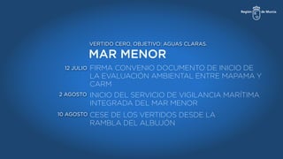 MAR MENOR
VERTIDO CERO, OBJETIVO: AGUAS CLARAS.
FIRMA CONVENIO DOCUMENTO DE INICIO DE
LA EVALUACIÓN AMBIENTAL ENTRE MAPAMA Y
CARM
CESE DE LOS VERTIDOS DESDE LA
RAMBLA DEL ALBUJÓN
12 JULIO
10 AGOSTO
INICIO DEL SERVICIO DE VIGILANCIA MARÍTIMA
INTEGRADA DEL MAR MENOR
2 AGOSTO
 