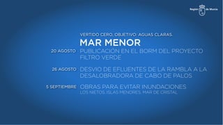 MAR MENOR
VERTIDO CERO, OBJETIVO: AGUAS CLARAS.
PUBLICACIÓN EN EL BORM DEL PROYECTO
FILTRO VERDE
OBRAS PARA EVITAR INUNDACIONES
LOS NIETOS, ISLAS MENORES, MAR DE CRISTAL
DESVIO DE EFLUENTES DE LA RAMBLA A LA
DESALOBRADORA DE CABO DE PALOS
20 AGOSTO
5 SEPTIEMBRE
26 AGOSTO
 
