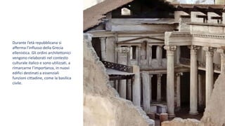 Durante l’età repubblicana si
afferma l’influsso della Grecia
ellenistica. Gli ordini architettonici
vengono rielaborati nel contesto
culturale italico e sono utilizzati, a
rimarcarne l’importanza, in nuovi
edifici destinati a essenziali
funzioni cittadine, come la basilica
civile.
 
