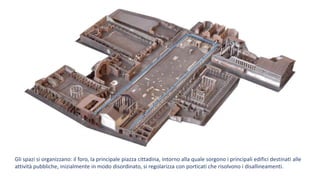 Gli spazi si organizzano: il foro, la principale piazza cittadina, intorno alla quale sorgono i principali edifici destinati alle
attività pubbliche, inizialmente in modo disordinato, si regolarizza con porticati che risolvono i disallineamenti.
 