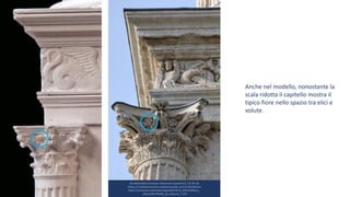 Anche nel modello, nonostante la
scala ridotta il capitello mostra il
tipico fiore nello spazio tra elici e
volute.
Da Wikimedia Commons: Marianne Casamance / CC BY-SA
(https://creativecommons.org/licenses/by-sa/3.0) Modificato
https://commons.wikimedia.org/wiki/File:St_R%C3%A9my_-
_Mausol%C3%A9e_de_Glanum_7.JPG
 