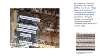 Altri particolari tipici della
decorazione delle province
dell’Asia Minore sono il fregio
leggermente convesso, il
coronamento dell’architrave
con anthemion a palmette,
kyma ionico e astragalo
(anziché con kyma lesbio
trilobato e astragalo) e
l’architrave stesso a due fasce
(anziché a tre)
Architrave del portale del Pantheon di
Roma (120-124 d.C.)
 