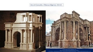 Da Wikimedia Commons: Habib kaki / CC0
https://commons.wikimedia.org/wiki/File:Porte_Caracalla_-
_T%C3%A9bessa_%D8%A8%D8%A7%D8%A8_%D9%83%D8%B1%D9%83%D9%84%D8%A7_-_%D8%AA%D8%A8%D8%B3%D8%A9_3.jpg
Arco di Caracalla a Tébessa (Algeria), 214 d.C.
 