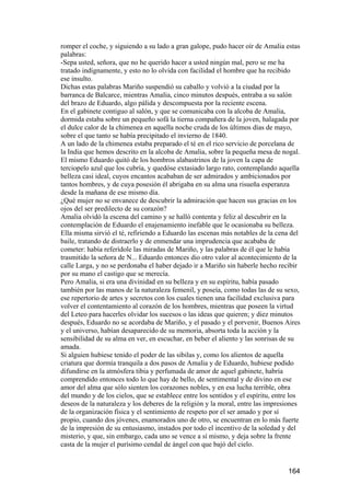romper el coche, y siguiendo a su lado a gran galope, pudo hacer oír de Amalia estas
palabras:
-Sepa usted, señora, que no he querido hacer a usted ningún mal, pero se me ha
tratado indignamente, y esto no lo olvida con facilidad el hombre que ha recibido
ese insulto.
Dichas estas palabras Mariño suspendió su caballo y volvió a la ciudad por la
barranca de Balcarce, mientras Amalia, cinco minutos después, entraba a su salón
del brazo de Eduardo, algo pálida y descompuesta por la reciente escena.
En el gabinete contiguo al salón, y que se comunicaba con la alcoba de Amalia,
dormida estaba sobre un pequeño sofá la tierna compañera de la joven, halagada por
el dulce calor de la chimenea en aquella noche cruda de los últimos días de mayo,
sobre el que tanto se había precipitado el invierno de 1840.
A un lado de la chimenea estaba preparado el té en el rico servicio de porcelana de
la India que hemos descrito en la alcoba de Amalia, sobre la pequeña mesa de nogal.
El mismo Eduardo quitó de los hombros alabastrinos de la joven la capa de
terciopelo azul que los cubría, y quedóse extasiado largo rato, contemplando aquella
belleza casi ideal, cuyos encantos acababan de ser admirados y ambicionados por
tantos hombres, y de cuya posesión él abrigaba en su alma una risueña esperanza
desde la mañana de ese mismo día.
¿Qué mujer no se envanece de descubrir la admiración que hacen sus gracias en los
ojos del ser predilecto de su corazón?
Amalia olvidó la escena del camino y se halló contenta y feliz al descubrir en la
contemplación de Eduardo el enajenamiento inefable que le ocasionaba su belleza.
Ella misma sirvió el té, refiriendo a Eduardo las escenas más notables de la cena del
baile, tratando de distraerlo y de enmendar una imprudencia que acababa de
cometer: había referídole las miradas de Mariño, y las palabras de él que le había
trasmitido la señora de N... Eduardo entonces dio otro valor al acontecimiento de la
calle Larga, y no se perdonaba el haber dejado ir a Mariño sin haberle hecho recibir
por su mano el castigo que se merecía.
Pero Amalia, si era una divinidad en su belleza y en su espíritu, había pasado
también por las manos de la naturaleza femenil, y poseía, como todas las de su sexo,
ese repertorio de artes y secretos con los cuales tienen una facilidad exclusiva para
volver el contentamiento al corazón de los hombres, mientras que poseen la virtud
del Leteo para hacerles olvidar los sucesos o las ideas que quieren; y diez minutos
después, Eduardo no se acordaba de Mariño, y el pasado y el porvenir, Buenos Aires
y el universo, habían desaparecido de su memoria, absorta toda la acción y la
sensibilidad de su alma en ver, en escuchar, en beber el aliento y las sonrisas de su
amada.
Si alguien hubiese tenido el poder de las sibilas y, como los alientos de aquella
criatura que dormía tranquila a dos pasos de Amalia y de Eduardo, hubiese podido
difundirse en la atmósfera tibia y perfumada de amor de aquel gabinete, habría
comprendido entonces todo lo que hay de bello, de sentimental y de divino en ese
amor del alma que sólo sienten los corazones nobles, y en esa lucha terrible, obra
del mundo y de los cielos, que se establece entre los sentidos y el espíritu, entre los
deseos de la naturaleza y los deberes de la religión y la moral, entre las impresiones
de la organización física y el sentimiento de respeto por el ser amado y por sí
propio, cuando dos jóvenes, enamorados uno de otro, se encuentran en lo más fuerte
de la impresión de su entusiasmo, instados por todo el incentivo de la soledad y del
misterio, y que, sin embargo, cada uno se vence a sí mismo, y deja sobre la frente
casta de la mujer el purísimo cendal de ángel con que bajó del cielo.


                                                                                  164
 