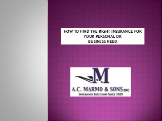 HOW TO FIND THE RIGHT INSURANCE FOR
YOUR PERSONAL OR
BUSINESS NEED
 