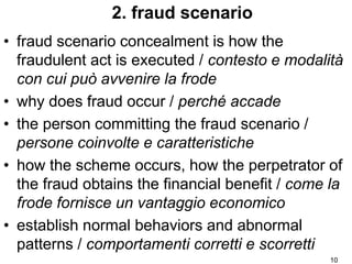 2. fraud scenario
• fraud scenario concealment is how the
fraudulent act is executed / contesto e modalità
con cui può avv...