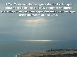 O Mar Morto recebe as águas do rio Jordão que entra no lago desde o Norte. Também há outras correntes mais pequenas que desembocam no lago, principalmente desde Este . 