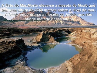 A Este do Mar Morto eleva-se a meseta de Moab queA Este do Mar Morto eleva-se a meseta de Moab que
tem uma altura de 1340 metros sobre o nível do mar.tem uma altura de 1340 metros sobre o nível do mar.
A Oeste encontra-se a meseta da Judeia que nãoA Oeste encontra-se a meseta da Judeia que não
atinge metade dessa alturaatinge metade dessa altura..
 