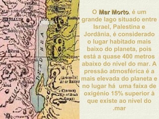 O Mar MortoMar Morto, é um
grande lago situado entre
Israel, Palestina e
Jordânia, é considerado
o lugar habitado mais
baixo do planeta, pois
está a quase 400 metros
abaixo do nível do mar. A
pressão atmosférica é a
mais elevada do planeta e
no lugar há uma faixa de
oxigénio 15% superior à
que existe ao nível do
mar.
 