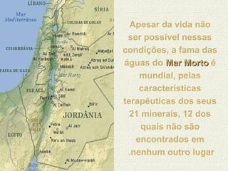 Apesar da vida não
ser possível nessas
condições, a fama das
águas do Mar MortoMar Morto é
mundial, pelas
características
terapêuticas dos seus
21 minerais, 12 dos
quais não são
encontrados em
nenhum outro lugar.
 
