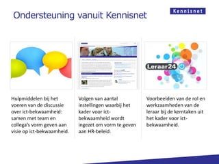 Ondersteuning vanuit Kennisnet




Hulpmiddelen bij het        Volgen van aantal          Voorbeelden van de rol en
voeren van de discussie     instellingen waarbij het   werkzaamheden van de
over ict-bekwaamheid:       kader voor ict-            leraar bij de kerntaken uit
samen met team en           bekwaamheid wordt          het kader voor ict-
collega’s vorm geven aan    ingezet om vorm te geven   bekwaamheid.
visie op ict-bekwaamheid.   aan HR-beleid.
 