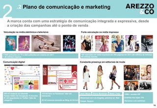 2
               .2 Plano de comunicação e marketing

    A marca conta com uma estratégia de comunicação integrada e expressiva, desde
    a criação das campanhas até o ponto de venda
Veiculação na mídia eletrônica e televisiva                                          Forte veiculação na mídia impressa




+1000 exibições em TV e 620 exibições em cinema em 2011                              150 inserções em mídia impressa em 300 páginas em 2011 (45 milhões de leitores)
+ 40 milhões impacto                                                                 45 milhões leitores

Comunicação digital                                                                 Constante presença em editoriais de moda




549 mil acessos ao site/mês              115 mil fans no Facebook: líder em         Demi Moore   Gisele Bündchen    Blake Lively     CRM – vendas VIP
Tempo médio de navegação: 8 minutos      Interações
51 mil seguidores no Twitter: líder da                                              Showroom em Los Angeles, próximo ao Red          Eventos nas lojas– PA
categoria                                30 mil acessos mensais ao Blog da Schutz                                                    Parcerias com estilistas
                                                                                    Carpet Season

                                                                                                                                                                       14
 