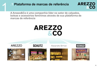 1
    .1 Plataforma de marcas de referência

    A Arezzo&Co é uma companhia líder no setor de calçados,
    bolsas e acessórios femininos através de sua plataforma de
    marcas de referência




                                                                 4
 