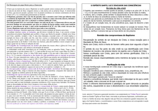 Da Mensagem do papa Bento para a Quaresma                                                                           O ESPÍRITO SANTO, LUZ E EDUCADOR DAS CONSCIÊNCIAS

O facto que na maioria dos casos o Baptismo se recebe quando somos crianças põe em evidência que                                          Revisão da vida cristã
se trata de um dom de Deus: ninguém merece a vida eterna com as próprias forças. A misericórdia           O Espírito, que convence o mundo quanto ao pecado, à justiça e ao juízo (cfr. Jo 16, 8
de Deus, que lava do pecado e permite viver na própria existência «os mesmos sentimentos de Jesus         – 11), é a luz para reconhecermos os nossos pecados como raiz de todos os males;
Cristo» (Fl 2, 5), é comunicada gratuitamente ao homem.                                                   A criatura, sem o Criador, perde sentido! O esquecimento de Deus obscurece a criatu-
O Baptismo, portanto, não é um rito do passado, mas o encontro com Cristo que informa toda                ra. A morte de Deus na consciência conduz à morte do homem;
a existência do baptizado, doa-lhe a vida divina e chama-o a uma conversão sincera, iniciada e            O Espírito que perscruta as profundezas de Deus é o mesmo que perscruta as profun-
apoiada pela Graça, que o leve a alcançar a estatura adulta de Cristo.                                    dezas do mal do homem, iluminando-o para que se arrependa e se converta.
Este dom gratuito deve ser reavivado sempre em cada um de nós e a Quaresma oferece-nos um                 É o Criador de um coração novo, de uma consciência pura, capaz de discernir o bem
percurso análogo ao catecumenato, que para os cristãos da Igreja antiga, assim como também                do mal;
para os catecúmenos de hoje, é uma escola insubstituível de fé e de vida cristã: deveras eles             Os desequilíbrios mais fundamentais do mundo radicam no coração do homem. Preci-
vivem o Baptismo como um acto decisivo para toda a sua existência.                                        samos de um coração novo. Precisamos da força divina para nos libertarmos de nós
Primeiro domingo- itinerário quaresmal evidencia a nossa condição de homens nesta terra.
                                                                                                          mesmos, clarificar e vencera luta que se trava dentro de nós próprios.
O combate vitorioso contra as tentações, que dá início à missão de Jesus, é um convite a tomar
consciência da própria fragilidade para acolher a Graça que liberta do pecado e infunde nova força
em Cristo, caminho, verdade e vida. É uma clara chamada a recordar como a fé cristã implica, a                               Revisão dos compromissos do Baptismo
exemplo de Jesus e em união com Ele, uma luta «contra os dominadores deste mundo tenebro-
so» (Ef 6, 12), no qual o diabo é activo e não se cansa, nem sequer hoje, de tentar o homem que           Recuperação do sentido de ser discípulo de Cristo; a nossa vocação para a
deseja aproximar-se do Senhor: Cristo disso sai vitorioso, para abrir também o nosso coração à espe-      liberdade de filhos de Deus;
rança e guiar-nos na vitória às seduções do mal.                                                          Morte com Cristo; inclui a morte do homem velho para viver segundo o Espíri-
O Evangelho da Transfiguração do Senhor põe diante dos nossos olhos a glória de Cristo, que
antecipa a ressurreição e que anuncia a divinização do homem.                                             to;
A comunidade cristã toma consciência de ser conduzida, como os apóstolos Pedro, Tiago e João,             O sentido da cruz faz parte da vida cristã na sua identificação com Cristo
«em particular, a um alto monte» (Mt 17, 1), para acolher de novo em Cristo, como filhos no Filho, o      Redentor do mundo e da sintonia interior do espírito com a Paixão de Cristo;
dom da Graça de Deus: «Este é o Meu Filho muito amado: n’Ele pus todo o Meu enlevo. Escutai-              Somos crucificados com Cristo, para com Ele sermos glorificados. Esta é a
O» (v. 5). É o convite a distanciar-se dos boatos da vida quotidiana para se imergir na presença          santidade pascal da vida.
de Deus: Ele quer transmitir-nos, todos os dias, uma Palavra que penetra nas profundezas do nosso         Revisão das nossas responsabilidades como membros da Igreja na sua missão
espírito, onde discerne o bem e o mal (cf. Hb 4, 12) e reforça a vontade de seguir o Senhor.
O pedido de Jesus à Samaritana: «Dá-Me de beber» (Jo 4, 7), que é proposto na liturgia do tercei-         no mundo.
ro domingo, exprime a paixão de Deus por todos os homens e quer suscitar no nosso coração o dese-
jo do dom da «água a jorrar para a vida eterna» (v. 14): é o dom do espírito Santo, que faz dos cris-                                       Purificação da vida
tãos «verdadeiros adoradores» capazes de rezar ao Pai «em espírito e verdade» (v. 23).                    A nossa transfiguração existencial em Cristo exige a superação das tendências egoís-
Só esta água pode extinguir a nossa sede do bem, da verdade e da beleza! Só esta água, que nos            tas: o egocentrismo;
foi doada pelo Filho, irriga os desertos da alma inquieta e insatisfeita, «enquanto não repousar em       Oposição à tendência para o hedonismo, sensualidade, luxos, prepotências, etc.
Deus», segundo as célebres palavras de Santo Agostinho.                                                   Melhorar a qualidade da vida cristã, contra a degradação da nossa vida pela influência
O Domingo do cego de nascença apresenta Cristo como luz do mundo.                                         do meio ambiente pagão e materialista.
O Evangelho interpela cada um de nós: «Tu crês no Filho do Homem?». «Creio, Senhor» (Jo 9,                Não à libertinagem apoiada pela “moral da cobardia”.
35.38), afirma com alegria o cego de nascença, fazendo-se voz de todos os crentes. O milagre da           Superar a consciência farisaica, que tende mais a desculpar-se do que a sentir
cura é o sinal que Cristo, juntamente com a vista, quer abrir o nosso olhar interior, para que a nossa
fé se torne cada vez mais profunda e possamos reconhecer n’Ele o nosso único Salvador. Ele ilumina
                                                                                                          -se culpada; mais a excusar-se do que a acusar-se.
todas as obscuridades da vida e leva o homem a viver como «filho da luz».                                 Evitar o criticismo desmoralizante e patológico de quem denuncia os pecados
Quando, no quinto domingo, nos é proclamada a ressurreição de Lázaro, somos postos diante do              dos outros, esquecendo os seus e absolutizando a sua sinceridade subjectiva;
último mistério da nossa existência: «Eu sou a ressurreição e a vida... Crês tu isto?» (Jo 11, 25-26).    etc.
Para a comunidade cristã é o momento de depor com sinceridade, juntamente com Marta, toda a
esperança em Jesus de Nazaré: «Sim, Senhor, creio que Tu és o Cristo, o Filho de Deus, que havia de
vir ao mundo» (v. 27). A comunhão com Cristo nesta vida prepara-nos para superar o limite da mor-        (cont. anterior) O percurso quaresmal encontra o seu cumprimento no Tríduo Pascal, particular-
te, para viver sem fim n’Ele. A fé na ressurreição dos mortos e a esperança da vida eterna abrem o       mente na Grande Vigília na Noite Santa: renovando as promessas baptismais, reafirmamos que
nosso olhar para o sentido derradeiro da nossa existência: Deus criou o homem para a ressurreição e
                                                                                                         Cristo é o Senhor da nossa vida, daquela vida que Deus nos comunicou quando renascemos «da
para a vida, e esta verdade doa a dimensão autêntica e definitiva à história dos homens, à sua exis-
tência pessoal e ao seu viver social, à cultura, à política, à economia. Privado da luz da fé todo o     água e do Espírito Santo», e reconfirmamos o nosso firme compromisso em corresponder à acção
universo acaba por se fechar num sepulcro sem futuro, sem esperança. (cont)                              da Graça para sermos seus discípulos.
 