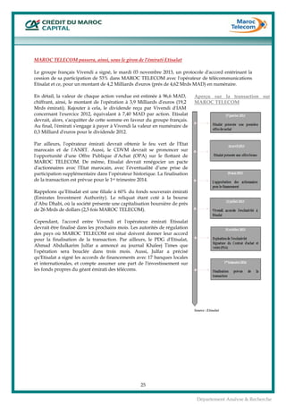  
25
Département Analyse & Recherche
MAROC TELECOM passera, ainsi, sous le giron de l'émirati Etisalat
Le groupe français Vivendi a signé, le mardi 03 novembre 2013, un protocole d'accord entérinant la
cession de sa participation de 53% dans MAROC TELECOM avec l'opérateur de télécommunications
Etisalat et ce, pour un montant de 4,2 Milliards d'euros (prés de 4,62 Mrds MAD) en numéraire.
En détail, la valeur de chaque action vendue est estimée à 96,6 MAD,
chiffrant, ainsi, le montant de l'opération à 3,9 Milliards d'euros (19,2
Mrds émirati). Rajouter à cela, le dividende reçu par Vivendi d'IAM
concernant l'exercice 2012, équivalant à 7,40 MAD par action. Etisalat
devrait, alors, s'acquitter de cette somme en faveur du groupe français.
Au final, l'émirati s'engage à payer à Vivendi la valeur en numéraire de
0,3 Milliard d'euros pour le dividende 2012.
Par ailleurs, l'opérateur émirati devrait obtenir le feu vert de l'Etat
marocain et de l'ANRT. Aussi, le CDVM devrait se prononcer sur
l'opportunité d'une Offre Publique d'Achat (OPA) sur le flottant de
MAROC TELECOM. De même, Etisalat devrait renégocier un pacte
d'actionnaires avec l'Etat marocain, avec l’éventualité d’une prise de
participation supplémentaire dans l’opérateur historique. La finalisation
de la transaction est prévue pour le 1er trimestre 2014.
Rappelons qu’Etisalat est une filiale à 60% du fonds souverain émirati
(Emirates Investment Authority). Le reliquat étant coté à la bourse
d’Abu Dhabi, où la société présente une capitalisation boursière de près
de 26 Mrds de dollars (2,5 fois MAROC TELECOM).
Cependant, l'accord entre Vivendi et l'opérateur émirati Etissalat
devrait être finalisé dans les prochains mois. Les autorités de régulation
des pays où MAROC TELECOM est situé doivent donner leur accord
pour la finalisation de la transaction. Par ailleurs, le PDG d'Etisalat,
Ahmad Abdulkarim Julfar a annoncé au journal Khaleej Times que
l'opération sera bouclée dans trois mois. Aussi, Julfar a précisé
qu'Etisalat a signé les accords de financements avec 17 banques locales
et internationales, et compte assumer une part de l'investissement sur
les fonds propres du géant émirati des télécoms.
Aperçu sur la transaction sur
MAROC TELECOM
Source : Etisalat
 