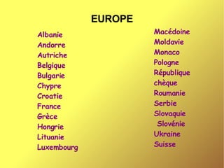 Albanie Andorre Autriche Belgique  Bulgarie Chypre Croatie France Grèce Hongrie Lituanie Luxembourg  Macédoine Moldavie Monaco Pologne République chèque  Roumanie Serbie Slovaquie Slovénie  Ukraine Suisse EUROPE 
