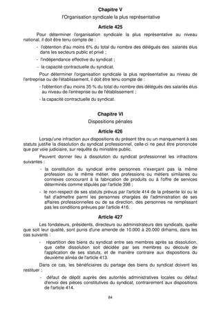 Chapitre V
                    l'Organisation syndicale la plus représentative

                                       Article 425
      Pour déterminer l'organisation syndicale la plus représentative au niveau
national, il doit être tenu compte de :
      - l'obtention d'au moins 6% du total du nombre des délégués des salariés élus
        dans les secteurs public et privé ;
      - l'indépendance effective du syndicat ;
       - la capacité contractuelle du syndicat.
         Pour déterminer l'organisation syndicale la plus représentative au niveau de
l'entreprise ou de l'établissement, il doit être tenu compte de :
        - l'obtention d'au moins 35 % du total du nombre des délégués des salariés élus
          au niveau de l'entreprise ou de l'établissement ;
        - la capacité contractuelle du syndicat.


                                      Chapitre VI
                                 Dispositions pénales

                                       Article 426
         Lorsqu'une infraction aux dispositions du présent titre ou un manquement à ses
statuts justifie la dissolution du syndicat professionnel, celle-ci ne peut être prononcée
que par voie judiciaire, sur requête du ministère public.
        Peuvent donner lieu à dissolution du syndicat professionnel les infractions
suivantes :
        - la constitution du syndicat entre personnes n'exerçant pas la même
          profession ou le même métier, des professions ou métiers similaires ou
          connexes concourant à la fabrication de produits ou à l'offre de services
          déterminés comme stipulés par l'article 398 ;
        - le non-respect de ses statuts prévus par l'article 414 de la présente loi ou le
           fait d'admettre parmi les personnes chargées de l'administration de ses
           affaires professionnelles ou de sa direction, des personnes ne remplissant
           pas les conditions prévues par l'article 416.

                                       Article 427
        Les fondateurs, présidents, directeurs ou administrateurs des syndicats, quelle
que soit leur qualité, sont punis d'une amende de 10.000 à 20.000 dirhams, dans les
cas suivants :
        -     répartition des biens du syndicat entre ses membres après sa dissolution,
            que cette dissolution soit décidée par ses membres ou découle de
            l'application de ses statuts, et de manière contraire aux dispositions du
            deuxième alinéa de l'article 413.
         Dans ce cas, les bénéficiaires du partage des biens du syndicat doivent les
restituer ;
        -    défaut de dépôt auprès des autorités administratives locales ou défaut
            d'envoi des pièces constitutives du syndicat, contrairement aux dispositions
            de l'article 414.

                                            84
 