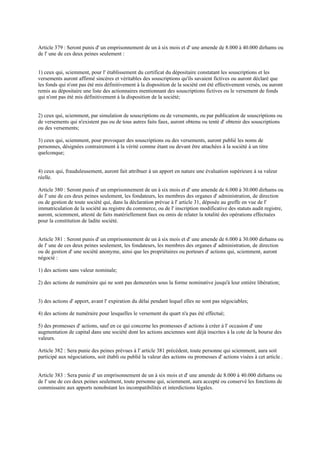 Article 379 : Seront punis d' un emprisonnement de un à six mois et d' une amende de 8.000 à 40.000 dirhams ou
de l' une de ces deux peines seulement :
1) ceux qui, sciemment, pour l' établissement du certificat du dépositaire constatant les souscriptions et les
versements auront affirmé sincères et véritables des souscriptions qu'ils savaient fictives ou auront déclaré que
les fonds qui n'ont pas été mis définitivement à la disposition de la société ont été effectivement versés, ou auront
remis au dépositaire une liste des actionnaires mentionnant des souscriptions fictives ou le versement de fonds
qui n'ont pas été mis définitivement à la disposition de la société;
2) ceux qui, sciemment, par simulation de souscriptions ou de versements, ou par publication de souscriptions ou
de versements qui n'existent pas ou de tous autres faits faux, auront obtenu ou tenté d' obtenir des souscriptions
ou des versements;
3) ceux qui, sciemment, pour provoquer des souscriptions ou des versements, auront publié les noms de
personnes, désignées contrairement à la vérité comme étant ou devant être attachées à la société à un titre
quelconque;
4) ceux qui, frauduleusement, auront fait attribuer à un apport en nature une évaluation supérieure à sa valeur
réelle.
Article 380 : Seront punis d' un emprisonnement de un à six mois et d' une amende de 6.000 à 30.000 dirhams ou
de l' une de ces deux peines seulement, les fondateurs, les membres des organes d' administration, de direction
ou de gestion de toute société qui, dans la déclaration prévue à l' article 31, déposée au greffe en vue de l'
immatriculation de la société au registre du commerce, ou de l' inscription modificative des statuts audit registre,
auront, sciemment, attesté de faits matériellement faux ou omis de relater la totalité des opérations effectuées
pour la constitution de ladite société.
Article 381 : Seront punis d' un emprisonnement de un à six mois et d' une amende de 6.000 à 30.000 dirhams ou
de l' une de ces deux peines seulement, les fondateurs, les membres des organes d' administration, de direction
ou de gestion d' une société anonyme, ainsi que les propriétaires ou porteurs d' actions qui, sciemment, auront
négocié :
1) des actions sans valeur nominale;
2) des actions de numéraire qui ne sont pas demeurées sous la forme nominative jusqu'à leur entière libération;
3) des actions d' apport, avant l' expiration du délai pendant lequel elles ne sont pas négociables;
4) des actions de numéraire pour lesquelles le versement du quart n'a pas été effectué;
5) des promesses d' actions, sauf en ce qui concerne les promesses d' actions à créer à l' occasion d' une
augmentation de capital dans une société dont les actions anciennes sont déjà inscrites à la cote de la bourse des
valeurs.
Article 382 : Sera punie des peines prévues à l' article 381 précédent, toute personne qui sciemment, aura soit
participé aux négociations, soit établi ou publié la valeur des actions ou promesses d' actions visées à cet article .
Article 383 : Sera punie d' un emprisonnement de un à six mois et d' une amende de 8.000 à 40.000 dirhams ou
de l' une de ces deux peines seulement, toute personne qui, sciemment, aura accepté ou conservé les fonctions de
commissaire aux apports nonobstant les incompatibilités et interdictions légales.
 