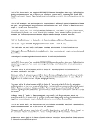 Article 389 : Seront punis d' une amende de 8.000 à 40.000 dirhams, les membres des organes d' administration,
de direction ou de gestion d' une société anonyme qui n'auront pas convoqué, à toute assemblée, dans le délai
légal, les actionnaires titulaires depuis trente jours au moins de titres nominatifs, dans les formes prévues par les
statuts.
Article 390 : Sera puni d' une amende de 6.000 à 30.000 dirhams, le président d' une société anonyme qui n'aura
pas porté à la connaissance des actionnaires, dans les conditions prévues par la présente loi, les renseignements
exigés en vue de la tenue des assemblées
Article 391 : Seront punis d' une amende de 4.000 à 20.000 dirhams, les membres des organes d' administration,
de direction ou de gestion d' une société anonyme qui n'auront pas adressé, à tout actionnaire qui en a fait la
demande, une formule de procuration conforme aux prescriptions fixées par les statuts, ainsi que :
1) la liste des administrateurs ou des membres du directoire ou du conseil de surveillance en exercice;
2) le texte et l' exposé des motifs des projets de résolutions inscrits à l' ordre du jour;
3) le cas échéant, une notice sur les candidats aux organes d' administration, de direction ou de gestion;
4) les rapports du conseil d' administration ou du directoire et des commissaires aux comptes qui seront soumis à
l' assemblée;
5) s'il s'agit de l' assemblée générale ordinaire annuelle, les états de synthèse annuels.
Article 392 : Seront punis d' une amende de 8.000 à 40.000 dirhams, les membres des organes d' administration,
de direction ou de gestion d' une société anonyme qui n'auront pas mis à la disposition de tout actionnaire, au
siège social :
1) pendant le délai de quinze jours qui précède la réunion de l' assemblée générale ordinaire annuelle, les
documents énumérés à l' article 141;
2) pendant le délai de quinze jours qui précède la réunion d' une assemblée générale extraordinaire, le texte des
projets de résolutions proposées, du rapport du conseil d' administration ou du directoire et, le cas échéant, du
rapport du ou des commissaires aux comptes et du projet de fusion;
3) pendant le délai de quinze jours qui précède la réunion de l' assemblée générale, la liste des actionnaires
arrêtée trente jours au plus avant la date de ladite réunion et comportant les prénom, nom et domicile de chaque
titulaire d' actions nominatives et de chaque titulaire d' actions au porteur ayant manifesté, à cette date, l'
intention de participer à l' assemblée ainsi que le nombre des actions dont chaque actionnaire connu de la société
est titulaire;
4) à toute époque de l' année, les documents suivants concernant les trois derniers exercices soumis aux
assemblées générales : inventaire, états de synthèse annuels, rapport du conseil d' administration ou du directoire,
rapport des commissaires aux comptes, feuilles de présence et procès-verbaux des assemblées.
Article 393 : Seront punis d' une amende de 6.000 à 30.000 dirhams, les membres des organes d' administration,
de direction ou de gestion d' une société anonyme qui, sciemment :
1) n'auront pas fait tenir, pour toute réunion de l' assemblée des actionnaires, une feuille de présence émargée par
les actionnaires présents et les mandataires, certifiée exacte par le bureau de l' assemblée et contenant :
a) les prénom, nom et domicile de chaque actionnaire présent et le nombre d' actions dont il est titulaire ainsi que
le nombre de voix attaché à ces actions;
 