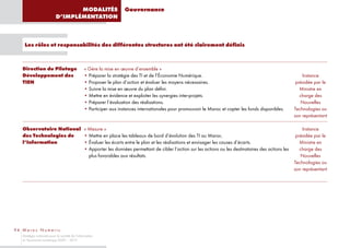 MODALITÉS                         Gouvernance
                            D’IMPLÉMENTATION



      Les rôles et responsabilités des différentes structures ont été clairement définis



    Direction du Pilotage                        « Gère la mise en œuvre d’ensemble »
    Développement des                            • Préparer la stratégie des TI et de l’Économie Numérique.                                                 Instance
    TIEN                                         • Proposer le plan d’action et évaluer les moyens nécessaires.                                          présidée par le
                                                 • Suivre la mise en œuvre du plan défini.                                                                 Ministre en
                                                 • Mettre en évidence et exploiter les synergies inter-projets.                                            charge des
                                                 • Préparer l’évaluation des réalisations.                                                                 Nouvelles
                                                 • Participer aux instances internationales pour promouvoir le Maroc et capter les fonds disponibles.   Technologies ou
                                                                                                                                                        son représentant

    Observatoire National « Mesure »                                                                                                                        Instance
    des Technologies de   • Mettre en place les tableaux de bord d’évolution des TI au Maroc.                                                            présidée par le
    l’Information         • Évaluer les écarts entre le plan et les réalisations et envisager les causes d’écarts.                                         Ministre en
                          • Apporter les données permettant de cibler l’action sur les actions ou les destinataires des actions les                        charge des
                            plus favorables aux résultats.                                                                                                 Nouvelles
                                                                                                                                                        Technologies ou
                                                                                                                                                        son représentant




94 M a r o c N u m e r i c
    Stratégie nationale pour la société de l’information
    et l’économie numérique 2009 – 2013
 