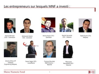 Les entrepreneurs sur lesquels MNF a investi :




 Hamza Bernossi       Mohamed Attahri           Amine Azariz CTO -    Rachid Harrando      Nabil Ouchn CTO
COO - Greendizer      CEO - Grendizer               Grendizer          CEO - Netpeas           Netpeas




 Jérome Athias VP         Yasser Najjar CEO -     François Bourdais        Marouane
     Software                soukaffaires          R&D Director -       Benyekhlef CEO -
Engineering Netpeas                                   Meolink               Meolink




Maroc Numeric Fund                                       3
 