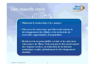 Des objectifs clairs


                 • Maintenir le le ade rs hip e t le s marg e s

                 • Pré s e rve r la c ro is s anc e par l’inve s tis s e me nt, le
                   dé ve lo ppe me nt de s filiale s e t la re c he rc he de
                   no uvelle s o ppo rtunité s d’ac quis itio n

                 • Re nfo rc e r la re s pons abilité s o c iale e t le s mis s io ns
                   c ito ye nne s de Maro c Te le co m par le dé s e nc lave ment
                   de s ré g io ns is o lé e s , la ré duc tion de la frac ture
                   numé rique e t plus globale me nt le dé ve loppe me nt
                   durable .



Résultats 1er Semestre 2010                      27
 