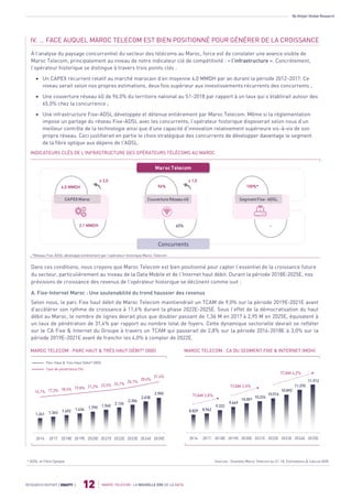By Attijari Global Research
MAROC TELECOM : LA NOUVELLE ÈRE DE LA DATA
12RESEARCH REPORT | EQUITY |
IV. … FACE AUQUEL MAROC TELECOM EST BIEN POSITIONNÉ POUR GÉNÉRER DE LA CROISSANCE
A l’analyse du paysage concurrentiel du secteur des télécoms au Maroc, force est de constater une avance visible de
Maroc Telecom, principalement au niveau de notre indicateur clé de compétitivité : « l’infrastructure ». Concrètement,
l’opérateur historique se distingue à travers trois points clés :
 Un CAPEX récurrent relatif au marché marocain d’en moyenne 4,0 MMDH par an durant la période 2012-2017. Ce
niveau serait selon nos propres estimations, deux fois supérieur aux investissements récurrents des concurrents ;
 Une couverture réseau 4G de 96,0% du territoire national au S1-2018 par rapport à un taux qui s’établirait autour des
65,0% chez la concurrence ;
 Une infrastructure Fixe-ADSL développée et détenue entièrement par Maroc Telecom. Même si la réglementation
impose un partage du réseau Fixe-ADSL avec les concurrents, l’opérateur historique disposerait selon nous d’un
meilleur contrôle de la technologie ainsi que d’une capacité d’innovation relativement supérieure vis-à-vis de son
propre réseau. Ceci justifierait en partie le choix stratégique des concurrents de développer davantage le segment
de la fibre optique aux dépens de l’ADSL.
INDICATEURS CLÉS DE L’INFRASTRUCTURE DES OPÉRATEURS TÉLÉCOMS AU MAROC
Dans ces conditions, nous croyons que Maroc Telecom est bien positionné pour capter l’essentiel de la croissance future
du secteur, particulièrement au niveau de la Data Mobile et de l’Internet haut débit. Durant la période 2018E-2025E, nos
prévisions de croissance des revenus de l’opérateur historique se déclinent comme suit :
A. Fixe-Internet Maroc : Une soutenabilité du trend haussier des revenus
Selon nous, le parc Fixe haut débit de Maroc Telecom maintiendrait un TCAM de 9,0% sur la période 2019E-2021E avant
d’accélérer son rythme de croissance à 11,6% durant la phase 2022E-2025E. Sous l‘effet de la démocratisation du haut
débit au Maroc, le nombre de lignes devrait plus que doubler passant de 1,36 M en 2017 à 2,95 M en 2025E, équivalent à
un taux de pénétration de 31,4% par rapport au nombre total de foyers. Cette dynamique sectorielle devrait se refléter
sur le CA Fixe & Internet du Groupe à travers un TCAM qui passerait de 2,8% sur la période 2016-2018E à 3,0% sur la
période 2019E-2021E avant de franchir les 4,0% à compter de 2022E.
MAROC TELECOM : PARC HAUT & TRÈS HAUT DÉBIT* (000) MAROC TELECOM : CA DU SEGMENT FIXE & INTERNET (MDH)
TCAM 4,2%
Sources : Données Maroc Telecom au S1-18, Estimations & Calculs AGR
8.829 8.962
9.322
9.649
10.001
10.224
10.516
10.892
11.370
11.912
2016 2017 2018E 2019E 2020E 2021E 2022E 2023E 2024E 2025E
TCAM 2,8%
TCAM 3,0%
Taux de pénétration (%)
Parc Haut & Très Haut Débit* (000)
Couverture Réseau 4G
87%
44%
Maroc Telecom
Concurrents
x 2
Segment Fixe- ADSL
100%
0%
4,0 MMDH
2,1 MMDH
CAPEX Maroc
x 2
96%
65%
100%*
-
4,0 MMDH
2,1 MMDH
x 2,0 x 1,5
1.241 1.363 1.492 1.634 1.790 1.940
2.126
2.356
2.638
2.95516,1% 17,3% 18,5% 19,8% 21,2% 22,5% 24,1%
26,1%
28,6%
31,4%
-20,0%
-10,0%
0,0%
10,0%
20,0%
30,0%
0
500
1.000
1.500
2.000
2.500
3.000
3.500
4.000
4.500
5.000
2016 2017 2018E 2019E 2020E 2021E 2022E 2023E 2024E 2025E
* ADSL et Fibre Optique
*Réseau Fixe-ADSL développé entièrement par l’opérateur historique Maroc Telecom
 