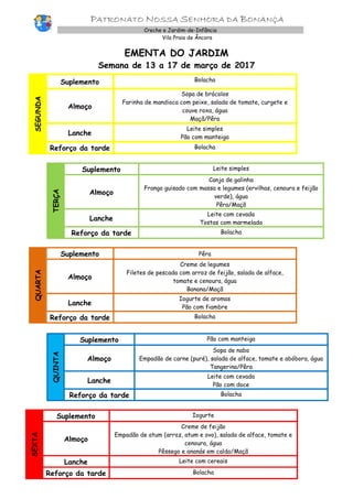 PATRONATO NOSSA SENHORA DA BONANÇA
Creche e Jardim-de-Infância
Vila Praia de Âncora
EMENTA DO JARDIM
Semana de 13 a 17 de março de 2017
SEGUNDA
Suplemento Bolacha
Almoço
Sopa de brócolos
Farinha de mandioca com peixe, salada de tomate, curgete e
couve roxa, água
Maçã/Pêra
Lanche
Leite simples
Pão com manteiga
Reforço da tarde Bolacha
TERÇA
Suplemento Leite simples
Almoço
Canja de galinha
Frango guisado com massa e legumes (ervilhas, cenoura e feijão
verde), água
Pêra/Maçã
Lanche
Leite com cevada
Tostas com marmelada
Reforço da tarde Bolacha
QUARTA
Suplemento Pêra
Almoço
Creme de legumes
Filetes de pescada com arroz de feijão, salada de alface,
tomate e cenoura, água
Banana/Maçã
Lanche
Iogurte de aromas
Pão com fiambre
Reforço da tarde Bolacha
QUINTA
Suplemento Pão com manteiga
Almoço
Sopa de nabo
Empadão de carne (puré), salada de alface, tomate e abóbora, água
Tangerina/Pêra
Lanche
Leite com cevada
Pão com doce
Reforço da tarde Bolacha
SEXTA
Suplemento Iogurte
Almoço
Creme de feijão
Empadão de atum (arroz, atum e ovo), salada de alface, tomate e
cenoura, água
Pêssego e ananás em calda/Maçã
Lanche Leite com cereais
Reforço da tarde Bolacha
 