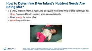 Marotz, Health, Safety, and Nutrition for the Young Child, 10th Edition. © 2020 Cengage. All Rights Reserved. May not be scanned,
copied or duplicated, or posted to a publicly accessible website, in whole or in part.
How to Determine If An Infant’s Nutrient Needs Are
Being Met?
• It is likely that an infant is receiving adequate nutrients if he or she continues to:
• Grow (increased length, weight) at an appropriate rate
• Have energy for active play
• Avoid frequent illness
 