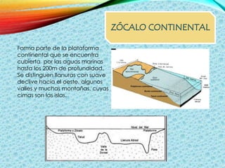 Forma parte de la plataforma 
continental que se encuentra 
cubierta por las aguas marinas 
hasta los 200m de profundidad. 
Se distinguen llanuras con suave 
declive hacia el oeste, algunos 
valles y muchas montañas, cuyas 
cimas son las islas. 
 