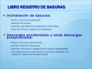 Incineración de basuras:
 - fecha y hora de la operación;
 - posición del buque;
 - volumen estimado de las basuras incineradas;
 - firma del oficial a cargo de la operación.

Descargas accidentales u otras descargas
excepcionales:
 - fecha y hora del acaecimiento;
 - puerto o posición del buque;
 - volumen estimado y categoría de la basura descargada;
 - circunstancias de la eliminación, derrame o pérdida; sus
    razones y observaciones generales.
 
