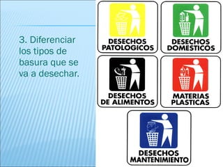 3. Diferenciar
los tipos de
basura que se
va a desechar.
 