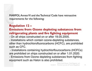 MARPOL Annex VI and the Technical Code have retroactive 
requirements for the following: 
Regulation 12 –– 
Emissions from Ozone depleting substances from 
refrigerating plants and fire fighting equipment 
- On all ships constructed on or after 19.05.2005. 
- Installations which contain ozone-depleting substances, 
other than hydrochlorofluorocarbons (HCFC), are prohibited 
such as CFC. 
- Installations containing hydrochlorflourocarbons (HCFCs) 
are prohibited on ships constructed on or after 1.01.2020. 
- Emissions from Ozone depleting substances from fighting 
equipment such as Halon is also prohibited. 
10 
Mohd. Hanif Dewan, Chief Engineer and 
9/2/2014 Maritime Lecturer & Trainer, Bangladesh 
 
