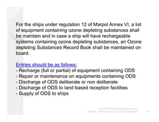 For the ships under regulation 12 of Marpol Annex VI, a list 
of equipment containing ozone depleting substances shall 
be maintain and in case a ship will have rechargeable 
systems containing ozone depleting substances, an Ozone 
depleting Substances Record Book shall be maintained on 
board. 
Entries should be as follows: 
- Recharge (full or partial) of equipment containing ODS 
- Repair or maintenance on equipments containing ODS 
- Discharge of ODS deliberate or non deliberate 
- Discharge of ODS to land based reception facilities 
- Supply of ODS to ships 
14 
Mohd. Hanif Dewan, Chief Engineer and 
9/2/2014 Maritime Lecturer & Trainer, Bangladesh 
 