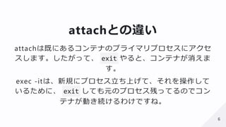2019/5/25 Marp Web (under construction)
https://web.marp.app 6/6
attachとの違い
attachは既にあるコンテナのプライマリプロセスにアクセ
スします。したがって、 exit やると、コンテナが消えま
す。
exec -itは、新規にプロセス⽴ち上げて、それを操作して
いるために、 exit しても元のプロセス残ってるのでコン
テナが動き続けるわけですね。
66
 