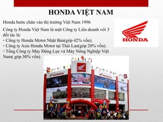 HONDA VIỆT NAM
Honda bước chân vào thị trường Việt Nam 1996
Công ty Honda Việt Nam là một Công ty Liên doanh với 3
đối tác là:
▫ Công ty Honda Motor Nhật Bản(góp 42% vốn).
▫ Công ty Asia Honda Motor tại Thái Lan(góp 28% vốn).
▫ Tổng Công ty Máy Động Lực và Máy Nông Nghiệp Việt
Nam( góp 30% vốn).
 