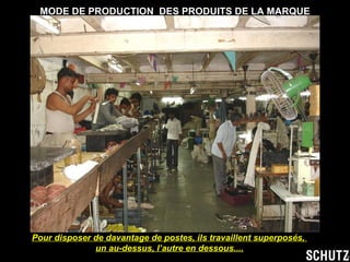 MODE DE PRODUCTION  DES PRODUITS DE LA MARQUE Pour disposer de davantage de postes, ils travaillent superposés,  un au-dessus, l’autre en dessous.... 