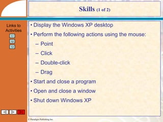 Skills  (1 of 2) Display the Windows XP desktop Perform the following actions using the mouse: Point Click Double-click Drag Start and close a program Open and close a window Shut down Windows XP 