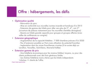 Offre : hébergements, les défis

! Optimisation qualité
             - Rénovation du parc
             - Mise en conformité aux nouvelles normes incendie et handicap d’ici 2015
             - Extension de gamme des hôtels pour aller vers plus de 3*, 4*, voir 5*
            (ouverture de palaces notamment pour les nouvelles clientèles étrangères)
             - Besoins en hôtels grande capacité pour groupes et groupes affaires (avec
            salles de conférences ou congrès)
! Extension géographique
             - Augmentation de la capacité hôtelière : 7 000 chambres prévues d’ici 2020
             - Peu d’extension possible sur Paris mais utilisation du potentiel francilien
             - Implantation dans les zones franciliennes vivantes (il en existe déjà sur
            Levallois, Versailles, Saint-Denis, Marne-la-Vallée)
! Extension gamme de prix
             - Une hôtellerie économique pour les revenus faibles/ moyens, ou pour des
            clients professionnels avec des frais généraux limités.
             - Les chaînes hôtelières moins chères que les hôtels indépendants
            >chaînes => cherté de l’offre.
Chap1 étude opportunités
                                                                                             55
 