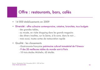 Offre : restaurants, bars, cafés

! 14 000 établissements en 2009
! Diversité : offre culinaire contemporaine, créative, branchée, tous budgets
           -   des grandes tables,
           -   au musée, en visite shopping dans les grands magasins
           -   des dîners insolites, sur la Seine, à la cave, dans le noir…
           -   mais aussi, toutes sortes de restauration rapide

! Qualité : les classements
               - Gastronomie française patrimoine culturel immatériel de l’Unesco
               - 9 des 50 meilleures tables du monde sont à Paris
               - 10 trois étoiles Michelin, 65 étoilés




Source : Destination Paris Novembre 2010 – OTC de Paris
Chap1 étude opportunités                                                            56
 