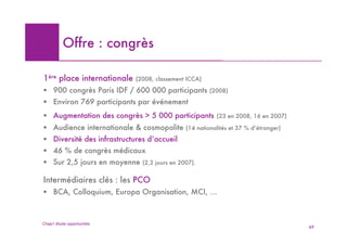 Offre : congrès

1ère place internationale   (2008, classement ICCA)

! 900 congrès Paris IDF / 600 000 participants         (2008)

! Environ 769 participants par événement
! Augmentation des congrès > 5 000 participants          (23 en 2008, 16 en 2007)

! Audience internationale & cosmopolite       (14 nationalités et 37 % d’étranger)

! Diversité des infrastructures d’accueil
! 46 % de congrès médicaux
! Sur 2,5 jours en moyenne    (2,2 jours en 2007).


Intermédiaires clés : les PCO
! BCA, Colloquium, Europa Organisation, MCI, …



Chap1 étude opportunités
                                                                                     69
 