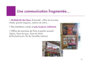 Une communication fragmentée…

! Multiplicité des lieux d’accueil : office de tourisme,
Hôtels, grands magasins, stations de métro…

! Des émetteurs variés et pas toujours cohérents
! Office de tourisme de Paris 6 points accueil :
Opéra, Gare de Lyon, Gare du Nord,
Bd Rochechouart, Pte de Versailles (salons).




                                                           74
 