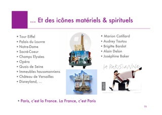 … Et des icônes matériels & spirituels

! Tour Eiffel                                      ! Marion Cotillard
!   Palais du Louvre                               !   Audrey Tautou
!   Notre-Dame                                     !   Brigitte Bardot
!   Sacré-Coeur                                    !   Alain Delon
!   Champs Elysées                                 !   Joséphine Baker
!   Opéra
!   Quais de Seine
!   Immeubles haussmanniens
!   Château de Versailles
!   Disneyland, …




! Paris, c’est la France. La France, c’est Paris
                                                                         75
 