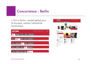 Concurrence : Berlin

! Visit in Berlin : portail global pour
le tourisme, comme l’attractivité
économique




Chap1 étude opportunités                  82
 