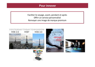 Pour innover


Faciliter	
  le	
  voyage,	
  avant,	
  pendant	
  et	
  après	
  
        Oﬀrir	
  un	
  service	
  personnalisé	
  
 Renvoyer	
  une	
  image	
  de	
  marque	
  premium	
  
 