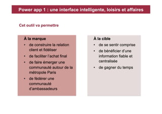 Power app 1 : une interface intelligente, loisirs et affaires


Cet outil va permettre


  À la marque                       À la cible
  •  de construire la relation      •  de se sentir comprise
     client et fidéliser            •  de bénéficier d’une
  •  de faciliter l’achat final        information fiable et
  •  de faire émerger une              centralisée
     communauté autour de la        •  de gagner du temps
     métropole Paris
  •  de fédérer une
     communauté
     d’ambassadeurs
 