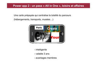 Power app 2 : un pass « All in One », loisirs et affaires


Une carte prépayée qui centralise la totalité du parcours
(hébergements, transports, musées…)


                      Paris
                                     Create

                                       Your


                    - intelligente
                    -  valable 3 ans
                    -  avantages membres
 