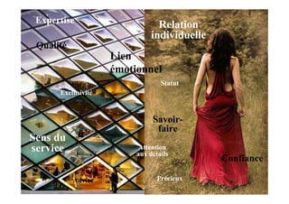 Expertise                            Relation
                                    individuelle
 Qualité
                          Lien
                          émotionnel
                                       Statut
            Exclusivité


                                    Savoir-
                                     faire
Sens du
service                         Attention
                               aux détails
                                                           Confiance

                Advice                Précieux
   05/05/2009                                    Nurun pour Fast Track   12
 